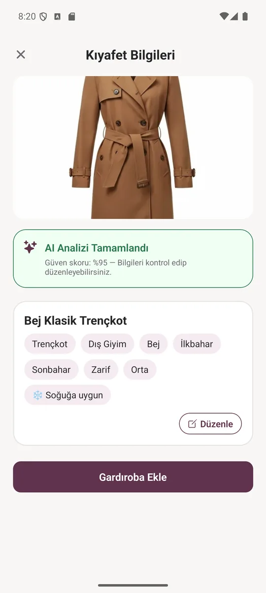 Kıyafet ekleme ekranı: yapay zekâ analizi tamamlandı, %95 güven skoru