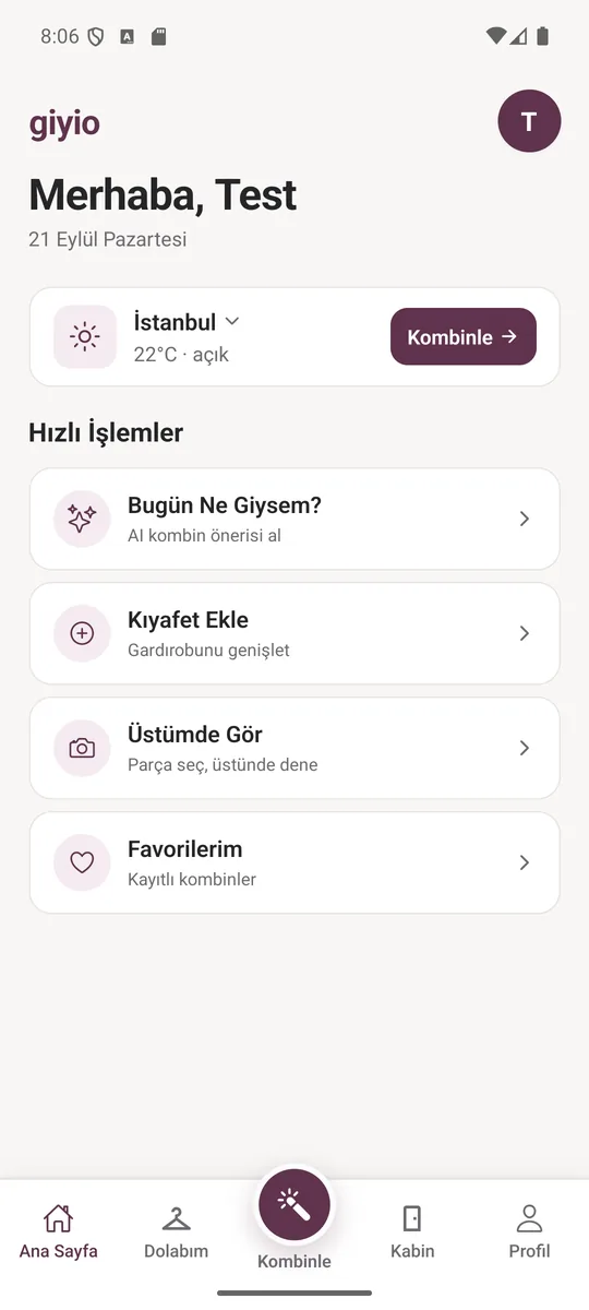 Giyio ana sayfa: hava durumu kartı ve hızlı işlemler